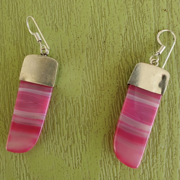 New Pink Striped Banded Agate 925 Silver Earrings - Picture 3 of 5